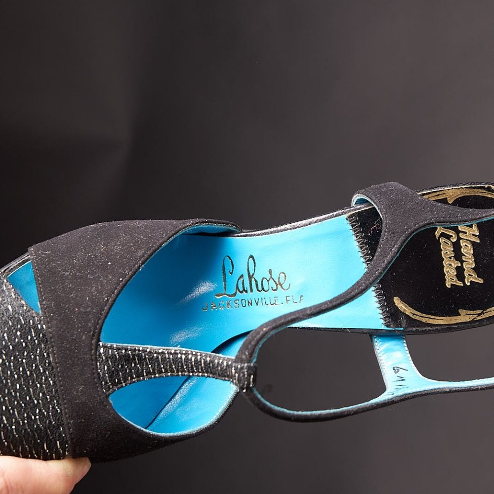 1960s Slingback T-strap Black Sparkle Heels